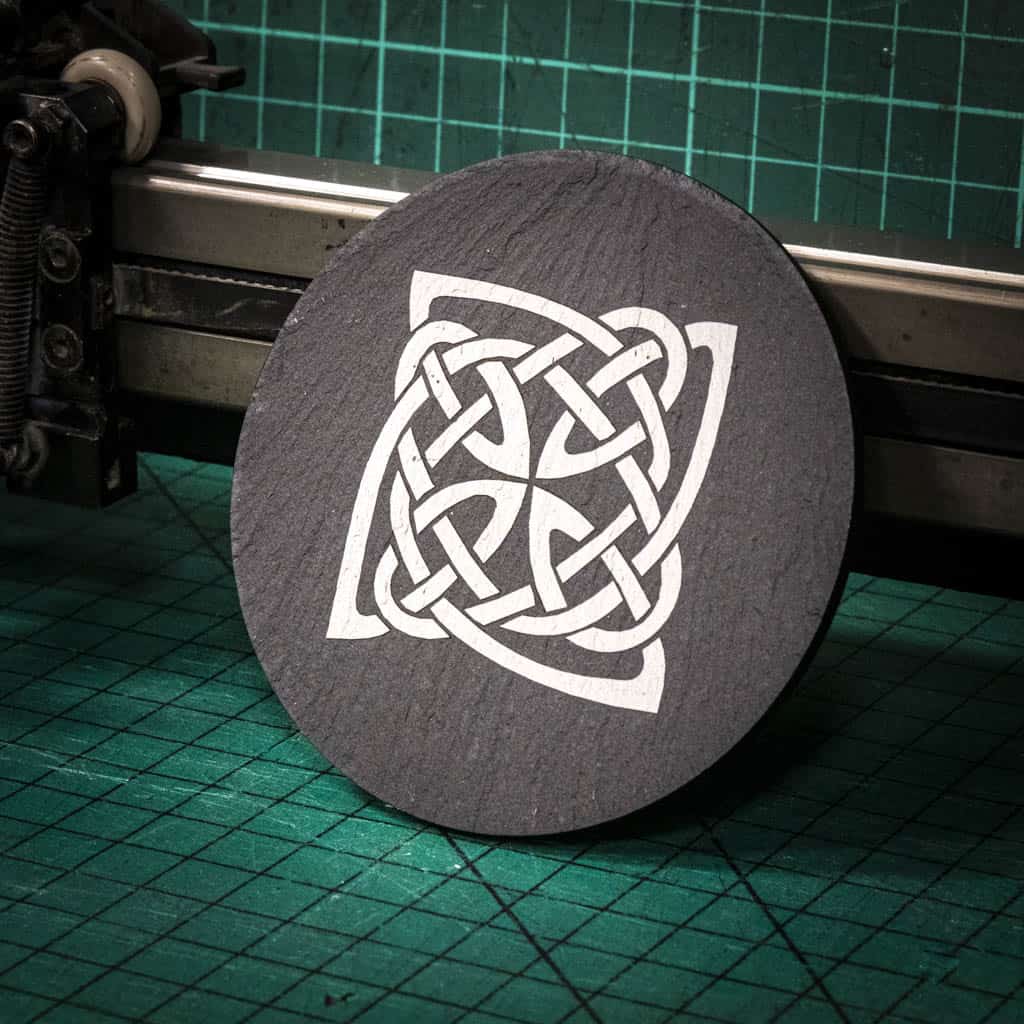 A laser engraved Welsh slate coaster with a Celtic Knot