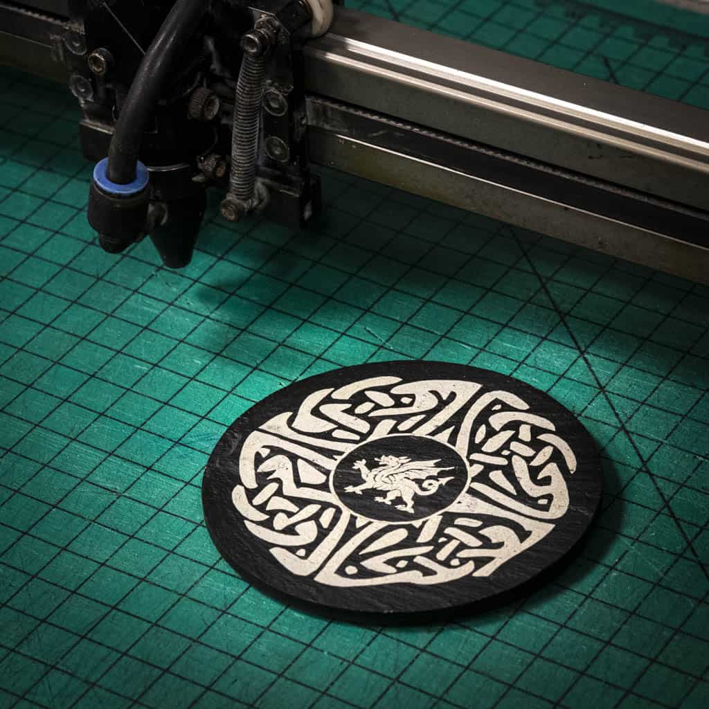 A laser engraved Welsh slate coaster with a welsh dragon in the center of a celtic knot