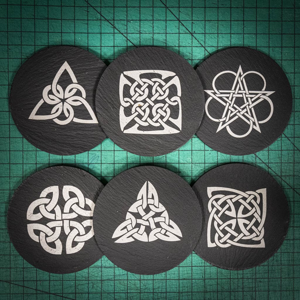 Six laser engraved Welsh slate coaster with Celtic Knots