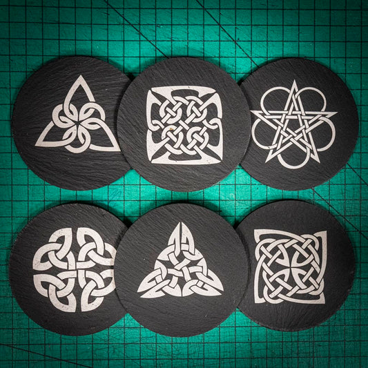 Six laser engraved Welsh slate coaster with Celtic Knots