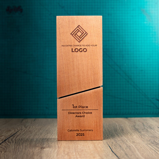 Imperial Award Large - An ecofriendly wooden award with a diagonal split design through the bottom third of the trophy