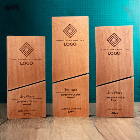 A set of 3 Imperial Awards - An ecofriendly wooden award with a diagonal split design through the bottom third of the trophy