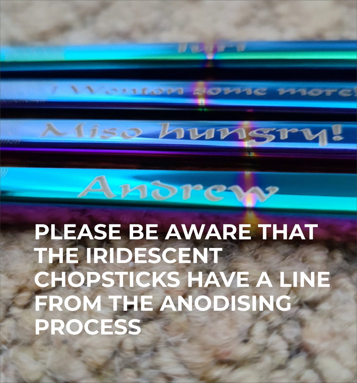 A pair of Chinese-style Metal Coloured Chopsticks - Iridencence. Each pair is personalised with either a name or a phrase.