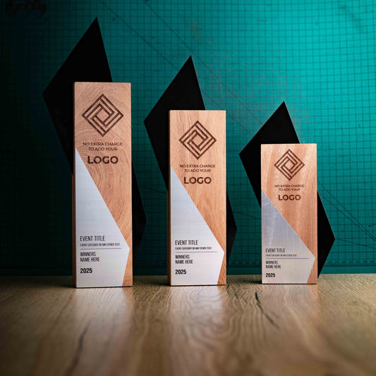 Three unique contemporary laser engraved, eco-friendly, wooden trophies called Kite