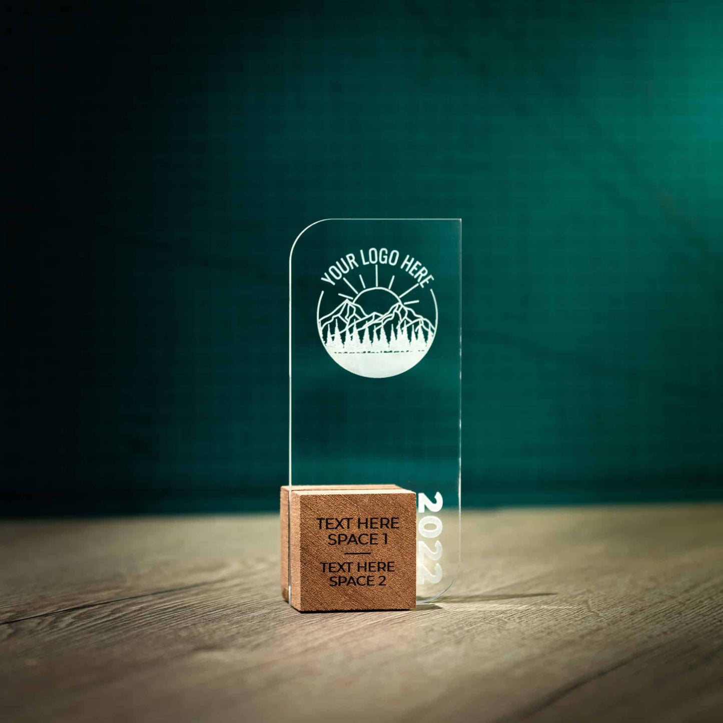 A Large personalised laser engraved Perspex trophies with an eco friendly wooden base