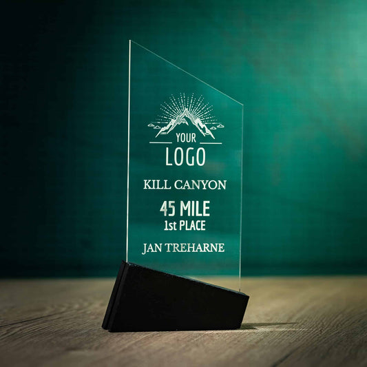 A Large personalised laser engraved Perspex trophies with a Welsh Slate base