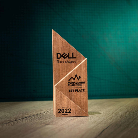 A large laser-engraved, eco-friendly, Peak wooden trophy.