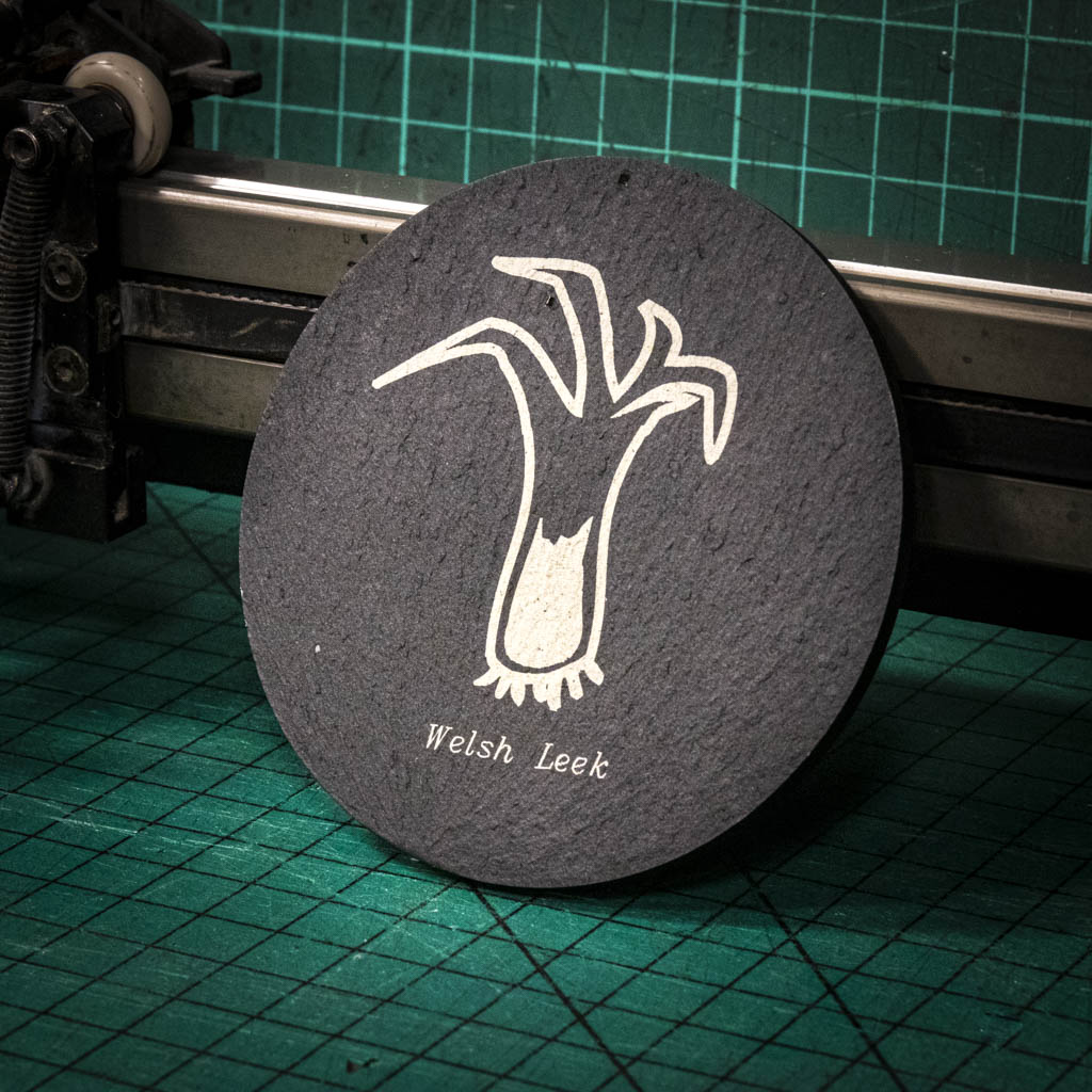 A laser engraved Welsh slate coaster with a welsh leek