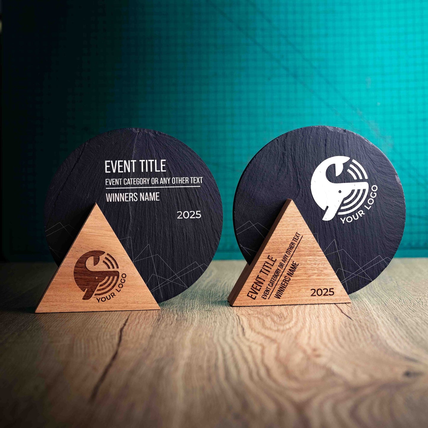 Two alternative Medium Luna Award designs, a laser engraved, eco-friendly, wooden and slate trophy