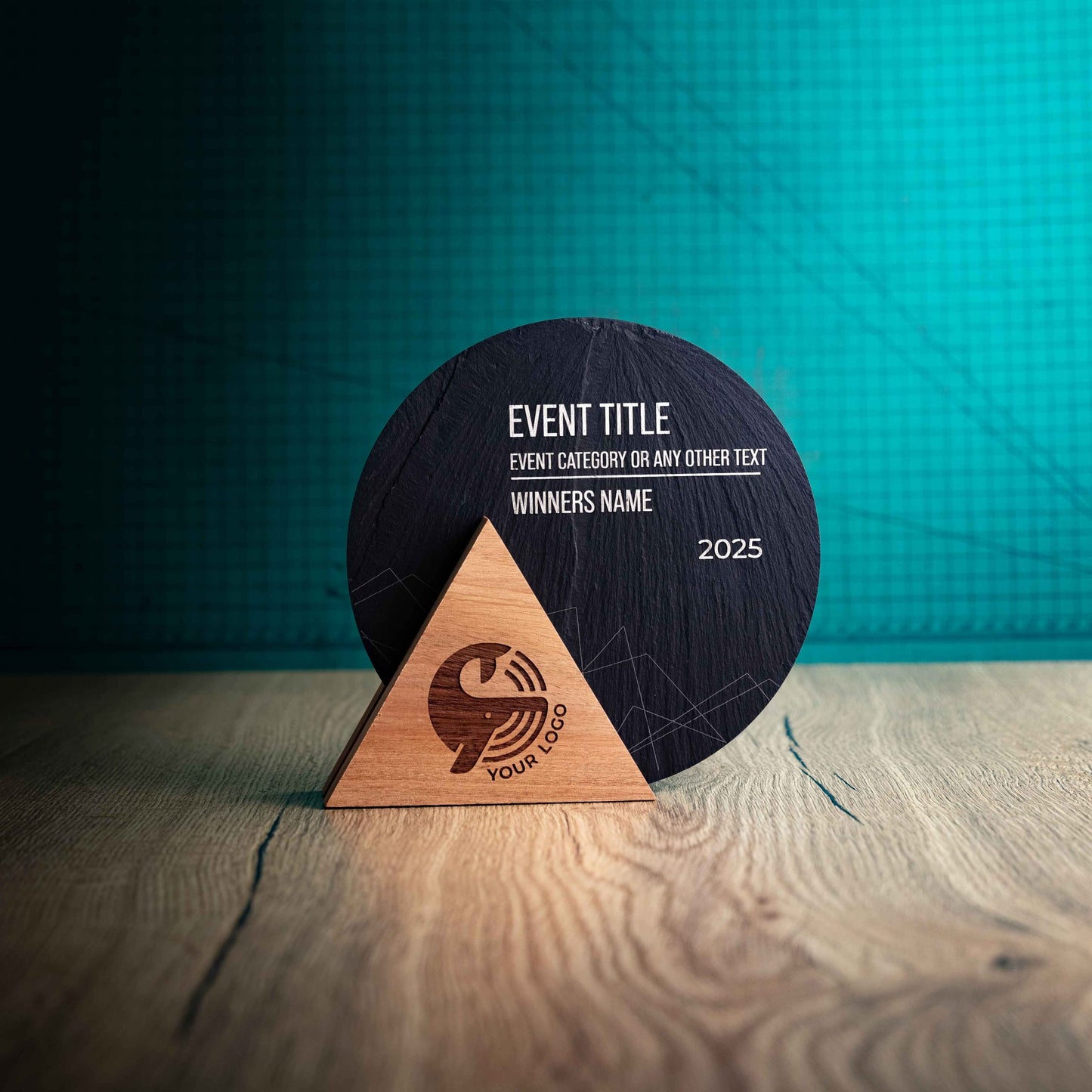 A Medium Luna Award, a laser engraved, eco-friendly, wooden and slate trophy