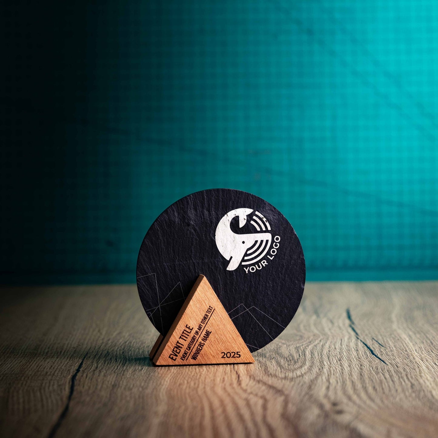 A Small Luna Award, a laser engraved, eco-friendly, wooden and slate trophy