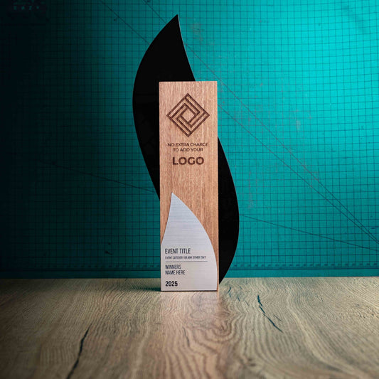 Large Flame, An Eco-friendly wooden trophy with a unique contemporary laser engraved design
