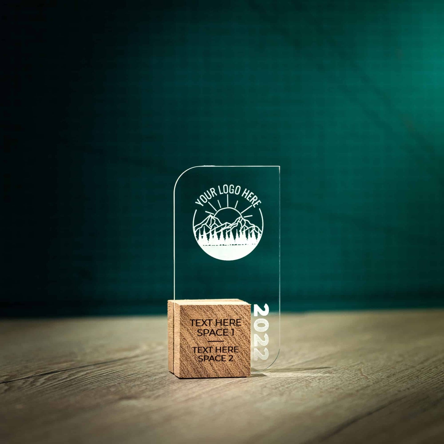 A medium personalised laser engraved Perspex trophies with an eco friendly wooden base