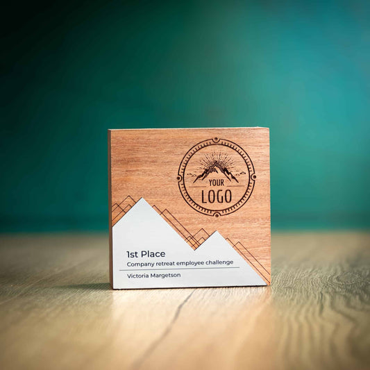 A laser engraved, eco-friendly, wooden and metallic laminate Mesa trophy