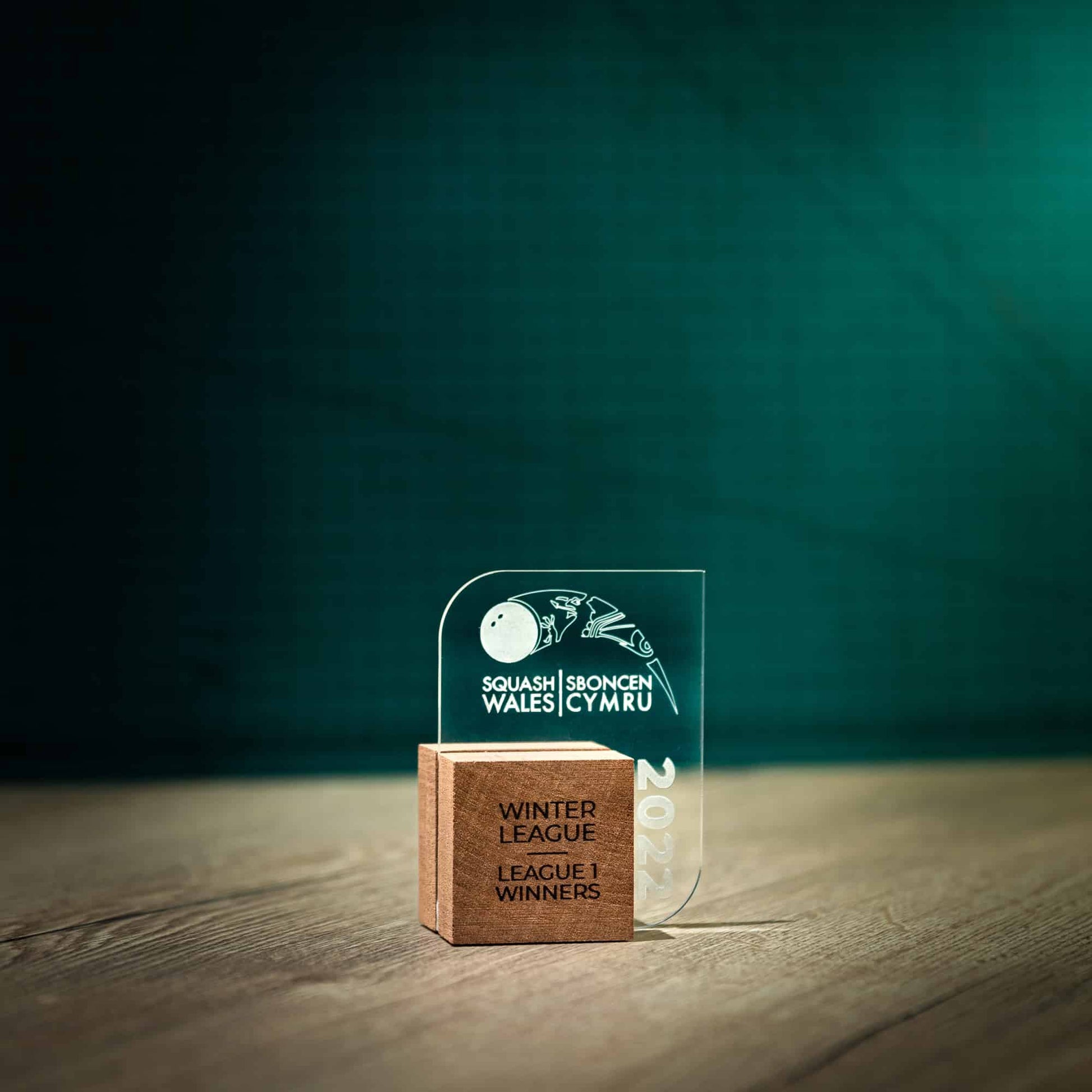 A mini personalised laser engraved Perspex trophies with an eco friendly wooden base