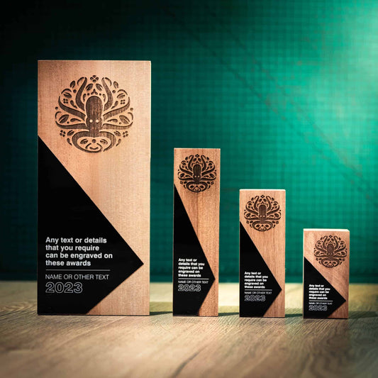 Four unique contemporary laser engraved, eco-friendly, wooden trophies, Obelisks Black