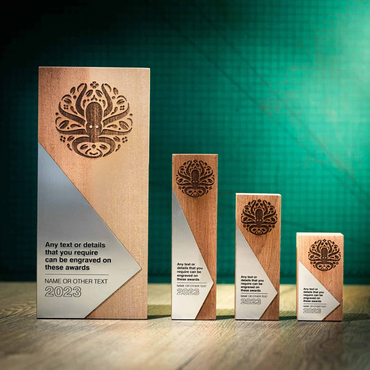 Four unique contemporary laser engraved, eco-friendly, wooden trophies, Obelisks Silver