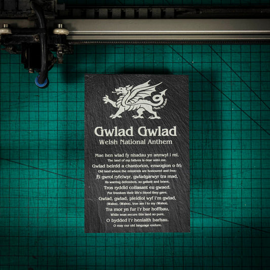 A welsh slate stand up plaque laser engraved with the welsh national anthem in both English and Welsh