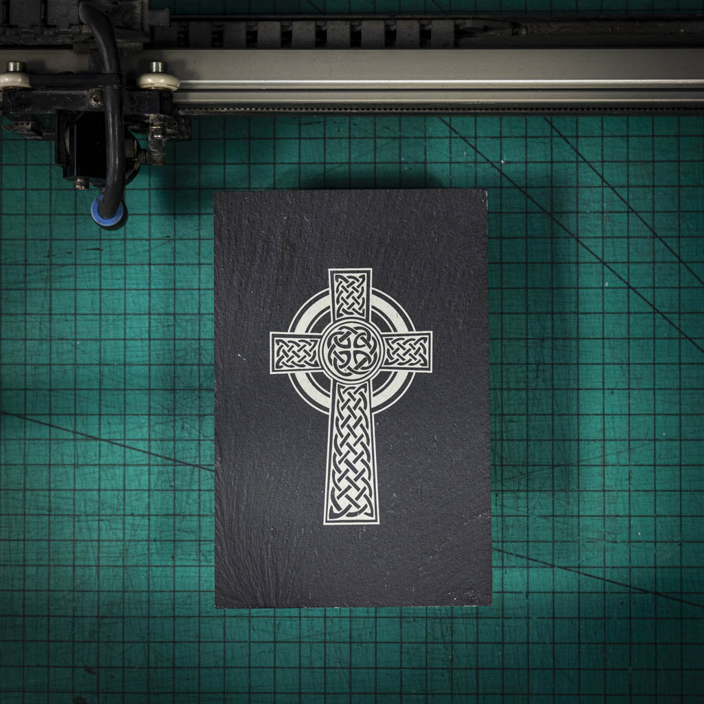 A welsh slate stand up plaque laser engraved with a celtic cross