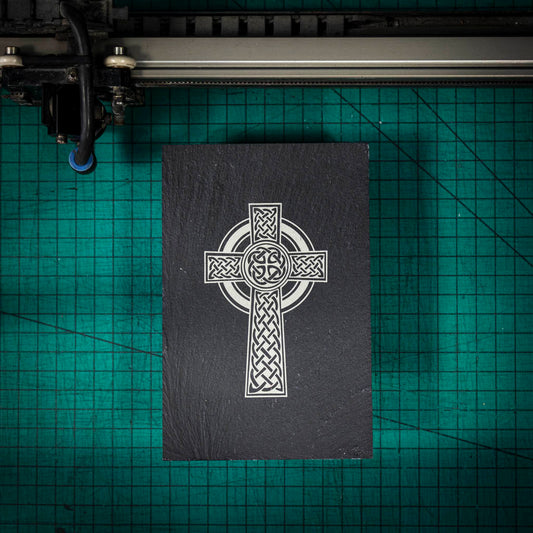 A welsh slate stand up plaque laser engraved with a celtic cross