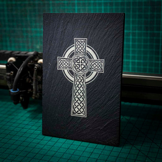 A welsh slate stand up plaque laser engraved with a celtic cross