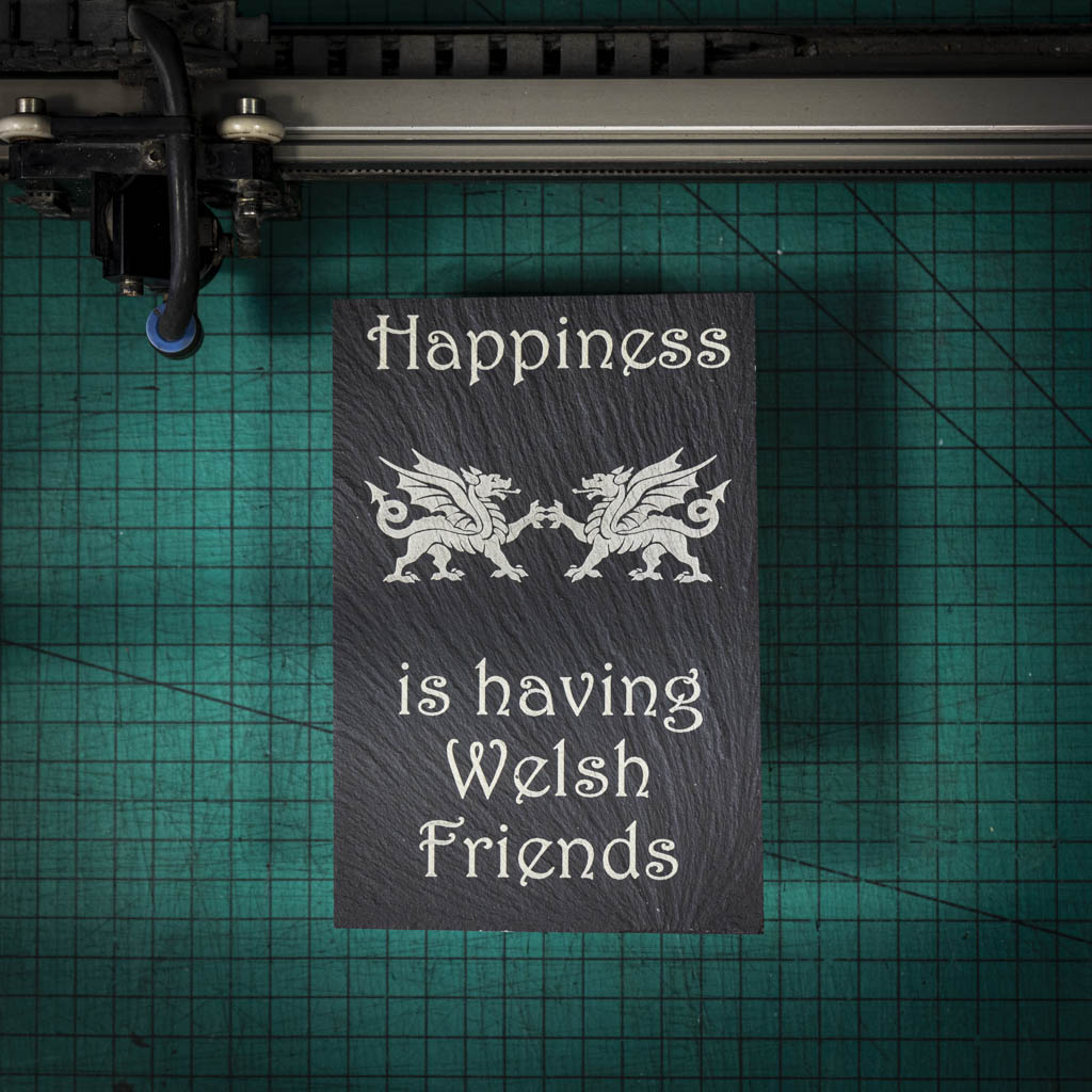 A welsh slate stand up plaque laser engraved with happiness is having welsh friends and two welsh dragons
