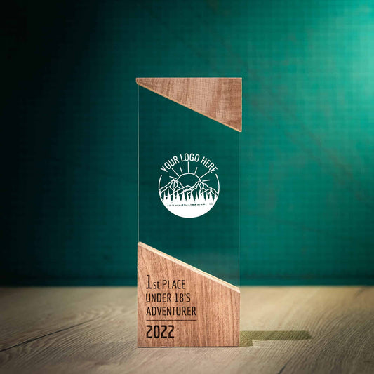 Large Rise, an artistic personalised laser engraved perspex trophy with a wooden base