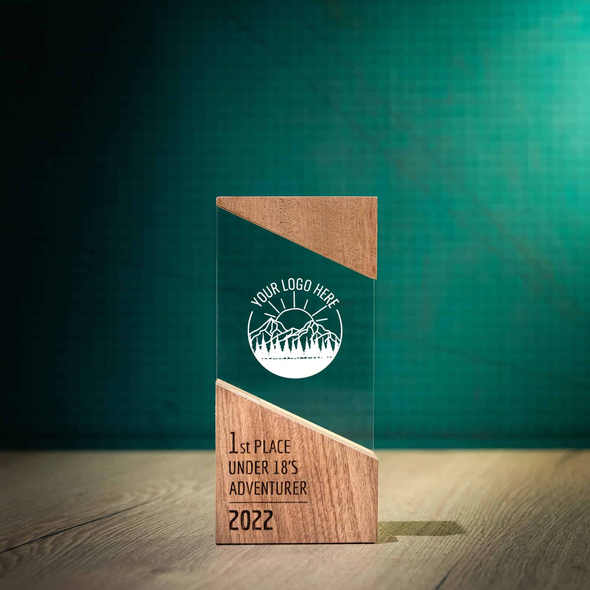 Small Rise, an artistic personalised laser engraved perspex trophy with a wooden base