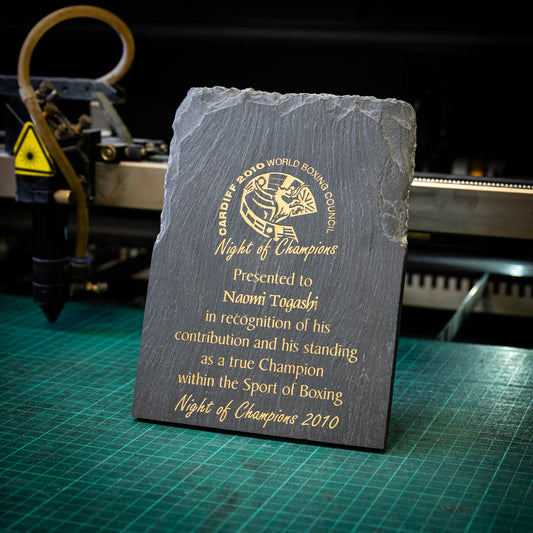 A medium rustic colour filled slate trophy
