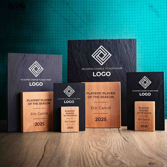 Four laser engraved, eco-friendly, wooden and slate trophies called Sarsen