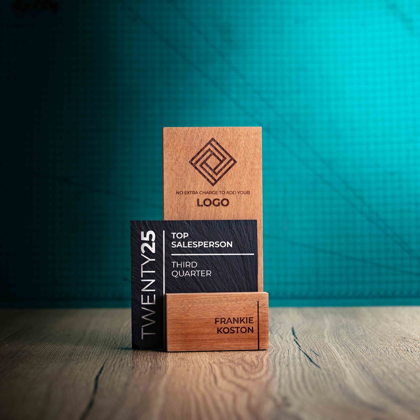 A Medium Skyline Award, a laser engraved, eco-friendly, wooden and slate trophy