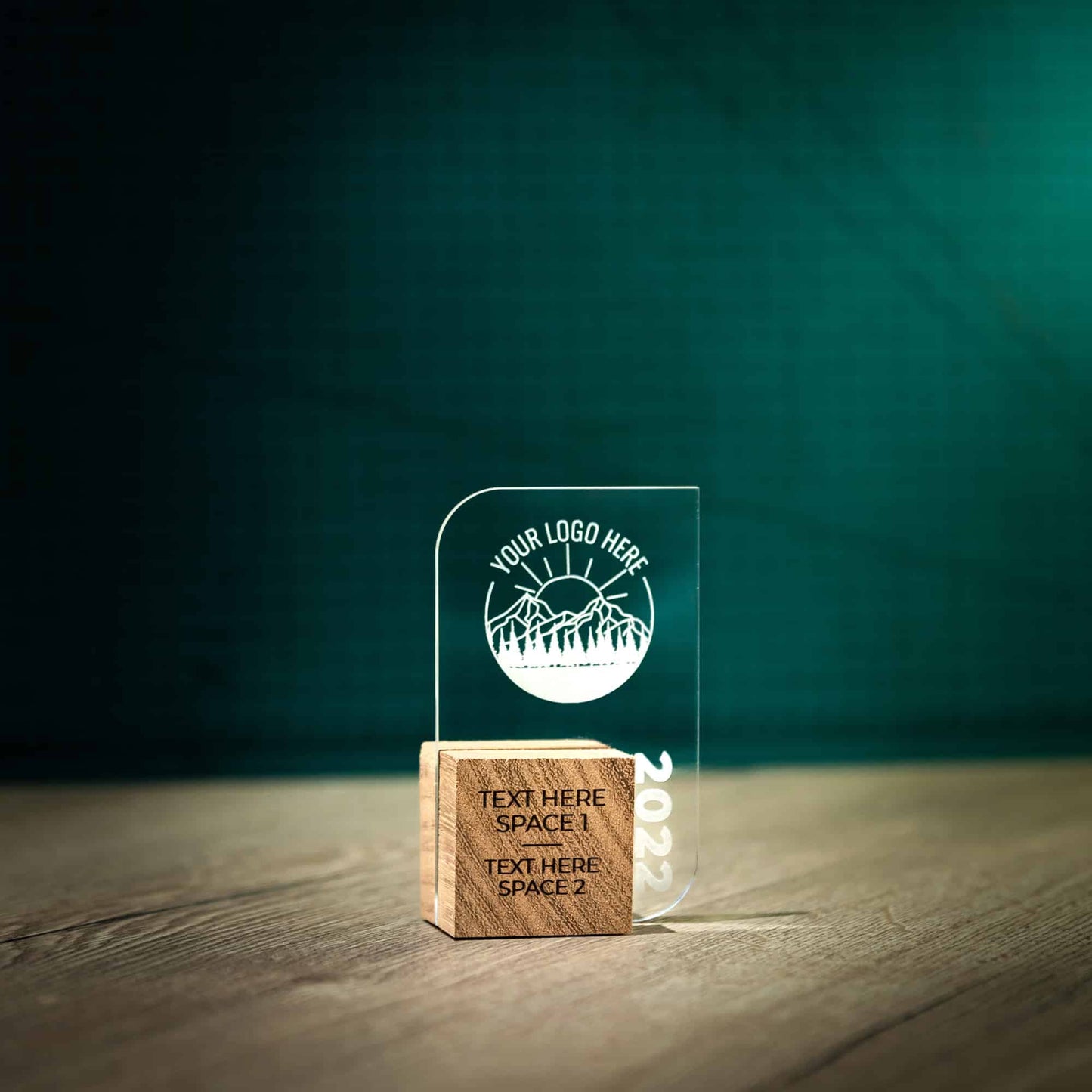 A small personalised laser engraved Perspex trophies with an eco friendly wooden base