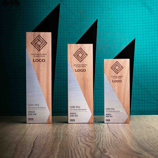 Three unique contemporary laser engraved, eco-friendly, wooden trophies called Spike
