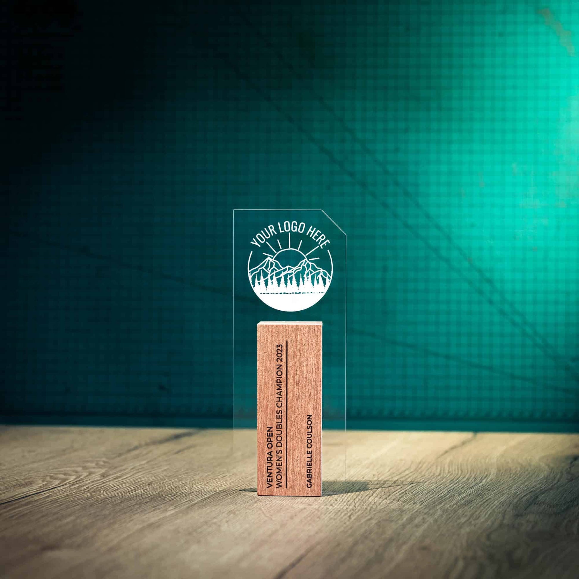 Small Tower Trophy, an artistic personalised laser engraved perspex trophy with a wooden base