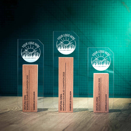 Three Tower Trophies, an artistic personalised laser engraved perspex trophy with a wooden base