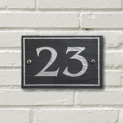 A rectangular Welsh Slate House Plaque with a color filled house number and boarder