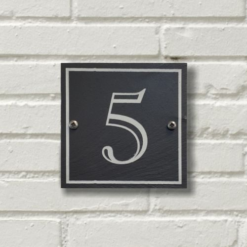 A square Welsh Slate House Plaque with a color filled house number and a boarder