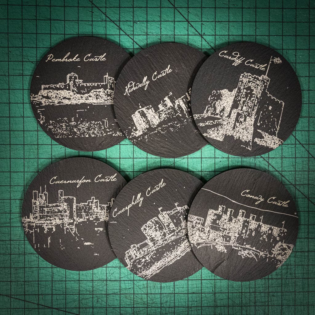 Six laser engraved Welsh slate coaster with images of Welsh Castles