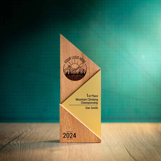 A Large Metallic Peak Trophy, an eco-friendly personalised wooden trophy. A Triangular wooden trophy laser-engraved with a logo and trophy personalisation. The front of the metallic trophies has gold, silver or bronze acrylic fronts.