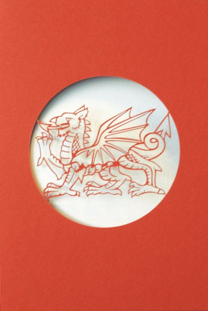 A Welsh greetings card laser cut card with a Welsh emblem representing a Welsh Dragon