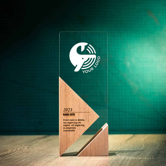 Large Apex Trophy, an artistic personalised laser engraved perspex trophy with a wooden base