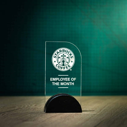A Medium personalised laser engraved Arch Perspex trophies with a Welsh Slate base