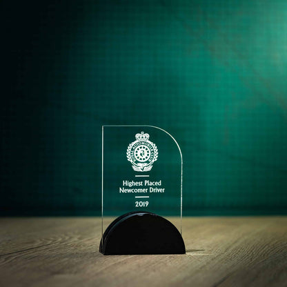 A Small personalised laser engraved Arch Perspex trophies with a Welsh Slate base