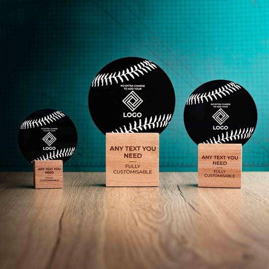 Three Baseball trophies with custom text and logos, on eco-friendly wooden bases, with a black Perspex Baseball mounted on top, featuring fully customisable areas for text and logos.