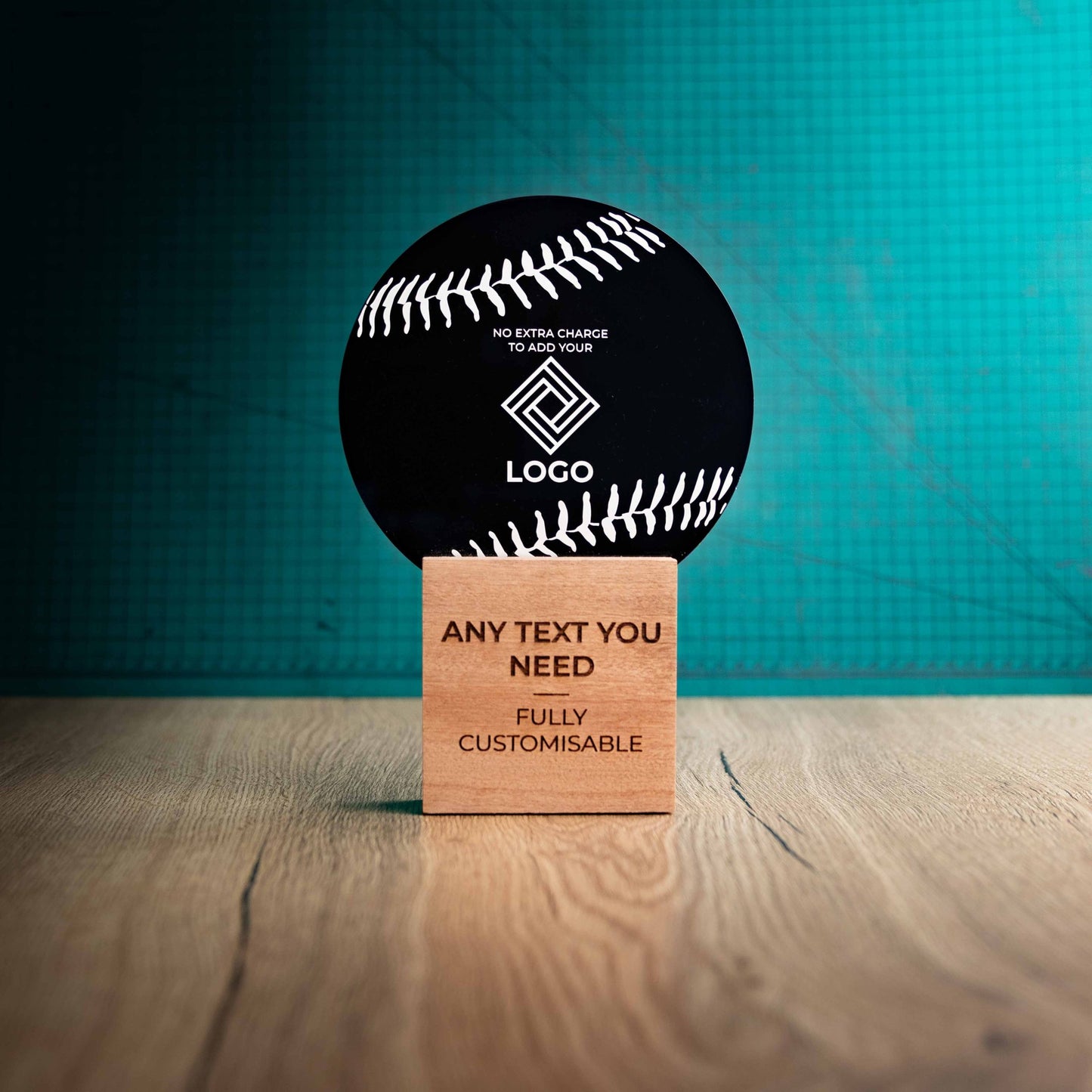 A large Baseball trophy with custom text and logos, on an eco-friendly wooden base, with a black Perspex Baseball mounted on top, featuring fully customisable areas for text and logos.