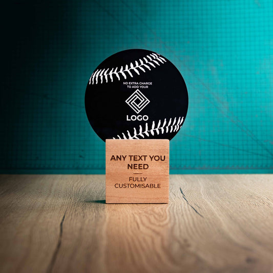 A large Baseball trophy with custom text and logos, on an eco-friendly wooden base, with a black Perspex Baseball mounted on top, featuring fully customisable areas for text and logos.