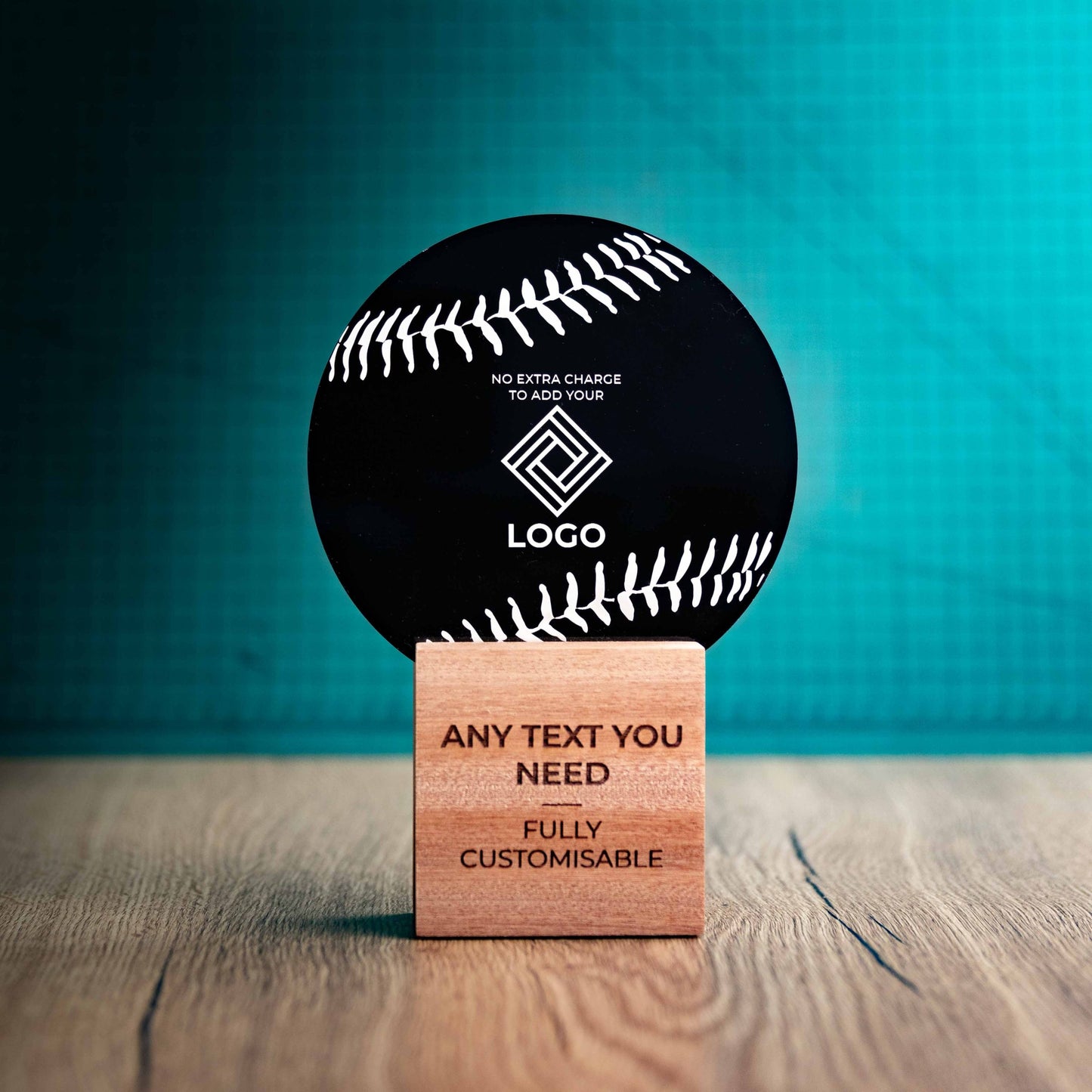 A medium Baseball trophy with custom text and logos, on an eco-friendly wooden base, with a black Perspex Baseball mounted on top, featuring fully customisable areas for text and logos.
