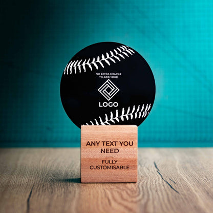 A medium Baseball trophy with custom text and logos, on an eco-friendly wooden base, with a black Perspex Baseball mounted on top, featuring fully customisable areas for text and logos.