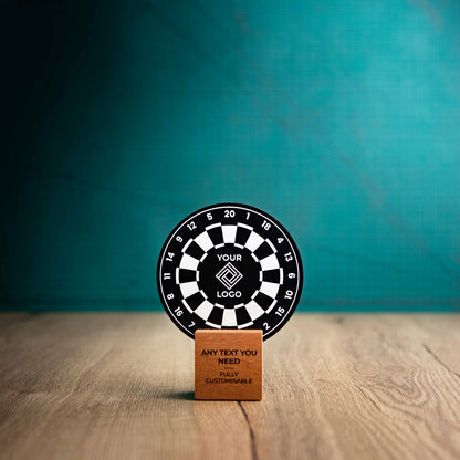 A lasrge darts trophy with custom text and logos, on an eco-friendly wooden base, with a black Perspex dart board mounted on top, featuring fully customisable areas for text and logos.