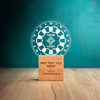 A large Darts trophy with custom text and logos, on an eco-friendly wooden base, with a clear Perspex Darts board mounted on top, featuring fully customisable areas for text and logos.